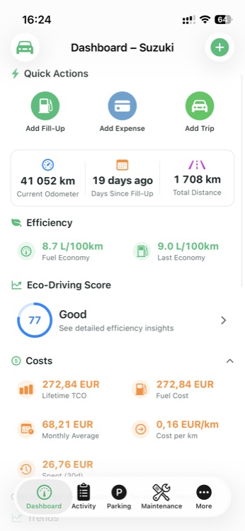 MileFlow fuel log entry